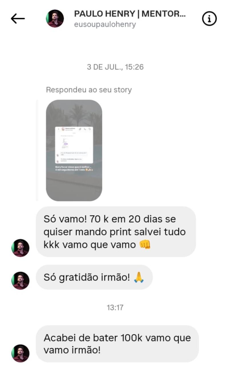 Paulo Henry relata setenta mil seguidores em vinte dias e depois cem mil seguidores